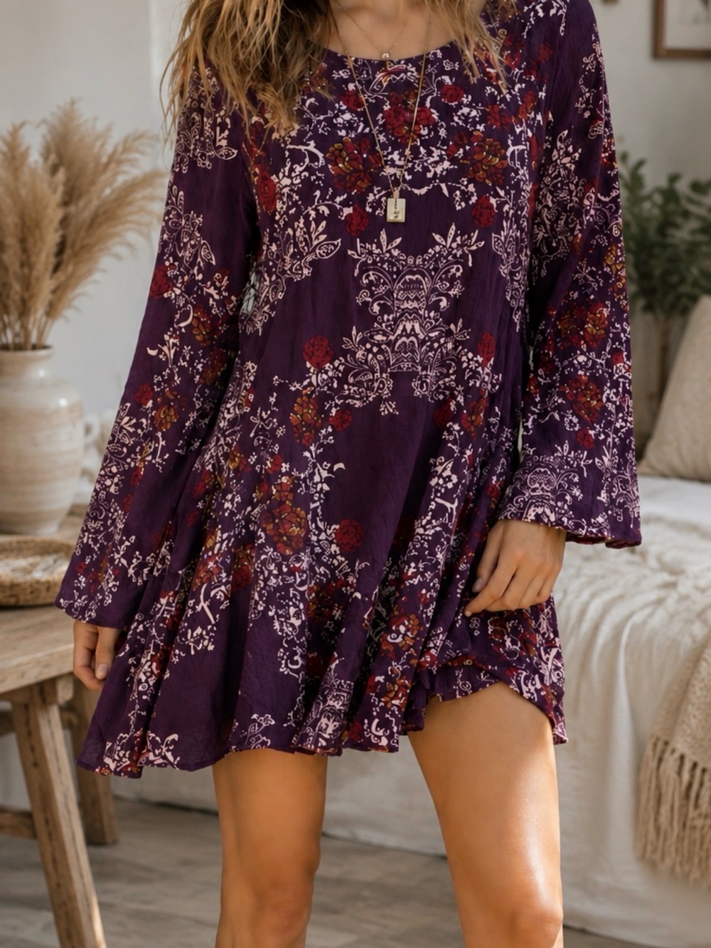 Free People Smooth Talker Mini Tunic Dress
Purple Floral V-Back.